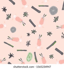Grey silhouette mulled wine drink and spices seamless pattern on pink background. Festive textile, web, wrapping paper, background fill.