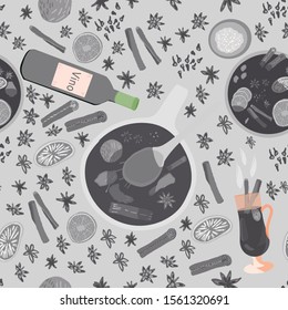 Grey silhouette of pot mulled wine, spices and wine bottle seamless pattern. 