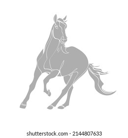 Grey silhouette of running horse on white background. Graphic drawing. Vector illustration.