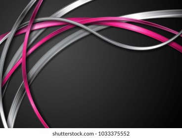 Grey silver and bright pink waves on black background. Vector design