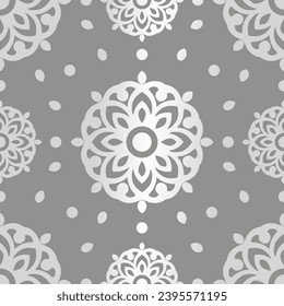 Grey and silver luxury vector seamless pattern. Ornament, Traditional, Ethnic, Arabic, Turkish, Indian motifs. Great for fabric and textile, wallpaper, packaging design or any desired idea.