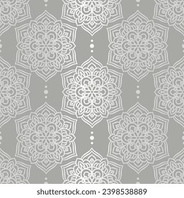 Graue und silberne luxuriöse Vektorgrafik nahtlos. Ornament, Traditionelle, ethnische, arabische, türkische, indische Motive. Ideal für Gewebe und Textilien, Tapeten, Verpackungsdesign oder jede erwünschte Idee.