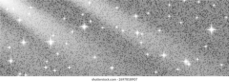 Textura de bola disco de espejo plateado gris con mosaico de lentejuelas y reflector brillante. Fondo elegante y festivo con destellos y luz. Diseño de eventos de Navidades. Ilustración vectorial.