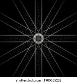 Grey silver starry rays with sparkling particles abstract background. Vector design
