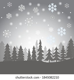 grey and silver winter background with snowflakes and fir forest