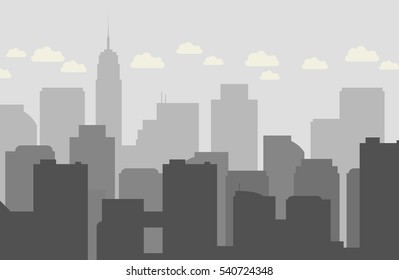Grey simple flat silhouettes of city buildings with clouds in the sky - vector illustration