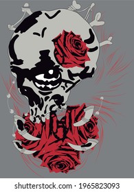 grey skull with red roses, ropes, tusks and shadows