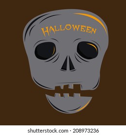 a grey skull with text on a brown background