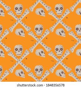 Grey skulls and bones seamless skeleton pattern. Danger symbol on bight orange background. Vector illustration for seasonal textile prints, fabric, banners, backdrops and wallpapers.