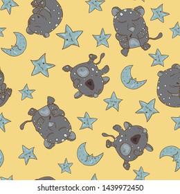Grey sleeping and yawning creatures on yellow background surrounded by stars and moon vector seamless pattern. Perfect for kids, bedding, fabric.