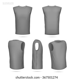 Grey sleeveless T-shirt 5 sides (front, back, 2/4 both left and right and side view)