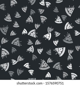Grey Slice of pizza icon isolated seamless pattern on black background.  Vector Illustration