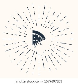 Grey Slice of pizza icon isolated on beige background. Abstract circle random dots. Vector Illustration