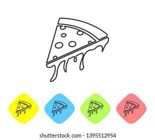 Grey Slice of pizza line icon isolated on white background. Set icon in color rhombus buttons. Vector Illustration