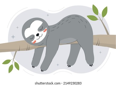 Grey sloth on branch. Tropical and exotic animals for children, lazy character sleep and recuperate, relax, natural habitat. Wild life, fauna and nature, mammal. Cartoon flat vector illustration