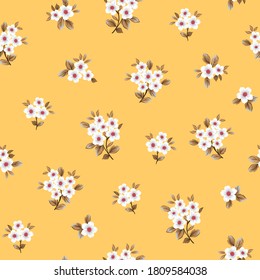 graue, kleine Vektorblumen, bunte Muster auf gelbem Hintergrund
