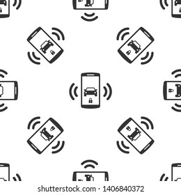 Grey Smart car alarm system icon isolated seamless pattern on white background. The smartphone controls the car security on the wireless. Vector Illustration