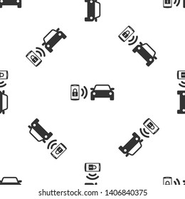 Grey Smart car alarm system icon isolated seamless pattern on white background. The smartphone controls the car security on the wireless. Vector Illustration