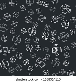 Grey Smart car alarm system icon isolated seamless pattern on black background. The smartphone controls the car security on the wireless.  Vector Illustration