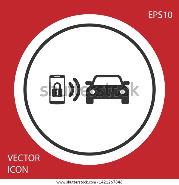 Grey Smart car alarm system\
icon isolated on red background. The smartphone controls the car\
security on the wireless. White circle button. Vector\
Illustration