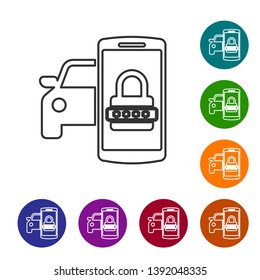 Grey Smart car security system line icon isolated on white background. The smartphone controls the car security on the wireless. Set icon in color circle buttons. Vector Illustration
