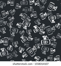 Grey Smart car security system icon isolated seamless pattern on black background. The smartphone controls the car security on the wireless.  Vector Illustration