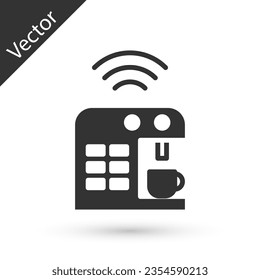 Grey Smart coffee machine system icon isolated on white background. Internet of things concept with wireless connection.  Vector