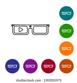 Grey Smart glasses mounted on spectacles line icon isolated on white background. Wearable electronics smart glasses with camera and display. Set icon in color circle buttons. Vector Illustration