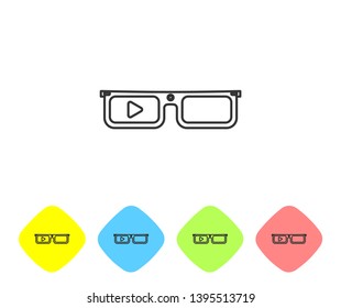Grey Smart glasses mounted on spectacles line icon isolated on white background. Wearable electronics smart glasses with camera and display. Set icon in color rhombus buttons. Vector Illustration