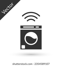 Grey Smart washer system icon isolated on white background. Washing machine icon. Internet of things concept with wireless connection.  Vector