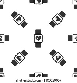 Grey Smart watch showing heart beat rate icon isolated seamless pattern on white background. Fitness App concept. Vector Illustration