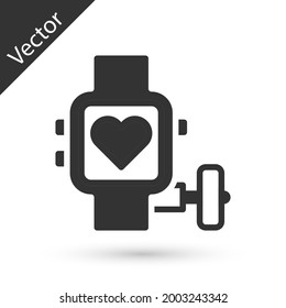 Grey Smart watch showing heart beat rate icon isolated on white background. Fitness App concept.  Vector