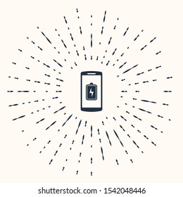 Grey Smartphone battery charge icon isolated on beige background. Phone with a low battery charge. Abstract circle random dots. Vector Illustration