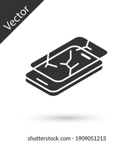 Smartphone gris con icono de pantalla rota aislado en fondo blanco. Icono de pantalla de teléfono destrozado. Vector.