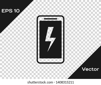 Grey Smartphone charging battery icon isolated on transparent background. Phone with a low battery charge. Vector Illustration
