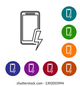 Grey Smartphone charging battery line icon isolated on white background. Phone with a low battery charge. Set icon in color circle buttons. Vector Illustration