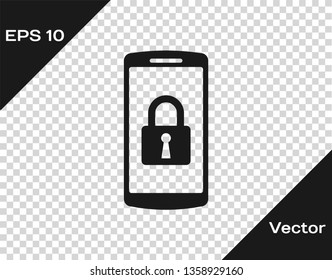 Grey Smartphone with closed padlock icon isolated on transparent background. Phone with lock. Mobile security, safety, protection concept. Vector Illustration