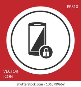Grey Smartphone with closed padlock icon isolated on red background. Phone with lock. Mobile security, safety, protection concept. White circle button. Vector Illustration