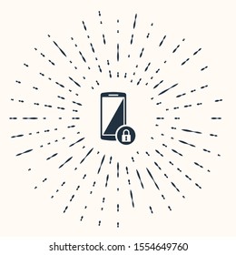 Grey Smartphone with closed padlock icon isolated on beige background. Phone with lock. Mobile security, safety, protection concept. Abstract circle random dots. Vector Illustration