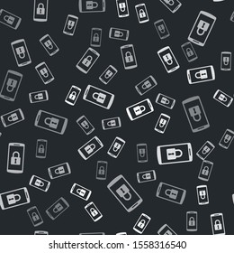 Grey Smartphone with closed padlock icon isolated seamless pattern on black background. Phone with lock. Mobile security, safety, protection concept.  Vector Illustration