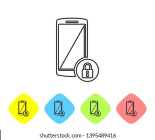 Grey Smartphone with closed padlock line icon on white background. Phone with lock. Mobile security, safety, protection concept. Set icon in color rhombus buttons. Vector Illustration