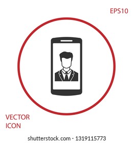Grey Smartphone with contact on screen icon isolated on white background. Incoming call. 