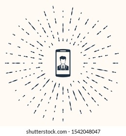 Grey Smartphone with contact on screen icon isolated on beige background. Incoming call. Human on phone screen. Call contact. Abstract circle random dots. Vector Illustration
