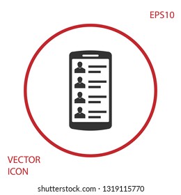 Grey Smartphone with contacts on screen icon isolated on white background. Incoming call. People on phone screen. Call contact. Red circle button. Vector Illustration