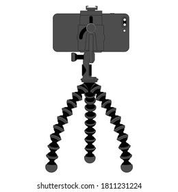 smartphone gris con cámara dual en trípode móvil negro