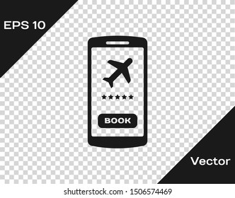 Grey Smartphone with electronic boarding pass airline ticket icon isolated on transparent background. Passenger plane mobile ticket for web and app.  Vector Illustration