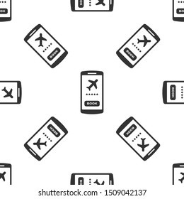 Grey Smartphone with electronic boarding pass airline ticket icon isolated seamless pattern on white background. Passenger plane mobile ticket for web and app.  Vector Illustration