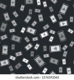 Grey Smartphone with free wi-fi wireless connection icon isolated seamless pattern on black background. Wireless technology, wi-fi connection, wireless network.  Vector Illustration