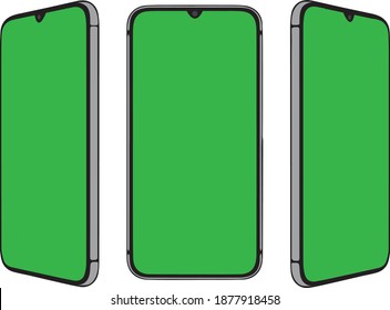 Grey smartphone with green screen vector illustration. Mobile phone isolated on white background with place for advertisement. Chromakey space on the screen of a cell phone. Mockup.