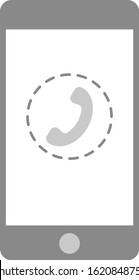 Grey smartphone with a handset icon in a dashed circle, vector graphics, illustration